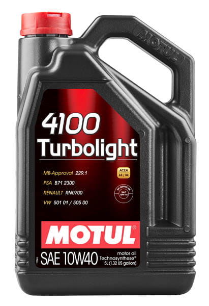 4 л MOTUL 4100 TURBOLIGHT 10W-40 для бензиновых и дизельных двигателей, изготовленное по технологии Technosynthese®