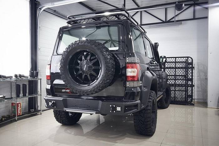 Задний силовой бампер BMS ALFA для УАЗ Патриот 2016-18, покрытие Raptor + цинкование
