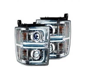 Chevrolet Silverado 2500/3500 Heavy Duty 14-17 (3rd GEN) PROJECTOR HEADLIGHTS w/ Ultra High Power Smooth OLED HALOS & DRL - Clear / Chrome