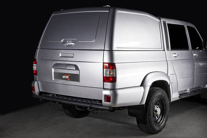 Задний силовой бампер BMS ALFA для УАЗ Патриот пикап 2009-19, покрытие Raptor + цинкование