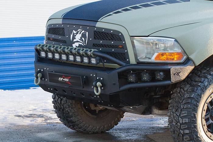 Передний силовой бампер BMS Alfa для Dodge Ram 2009-18, полимерное покрытие + цинкование