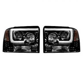 Ford Superduty 05-07 F250/F350/F450/F550 PROJECTOR HEADLIGHTS w/ Ultra High Power Smooth OLED HALOS & DRL - Smoked / Black