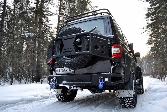 Задний силовой бампер BMS ALFA для УАЗ Патриот 2016-18, покрытие Raptor + цинкование