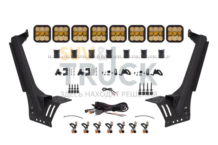 Комплект с кронштейнами для монтажа янтарных LED-балок SS5 Sport CrossLink над лобовым стеклом Jeep JL Wrangler, Combo