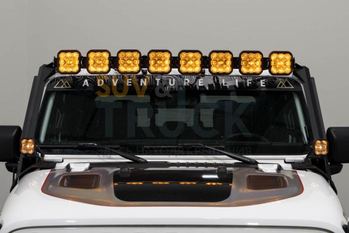 Комплект с кронштейнами для монтажа янтарных LED-балок SS5 Pro CrossLink над лобовым стеклом Jeep JL Wrangler, Combo