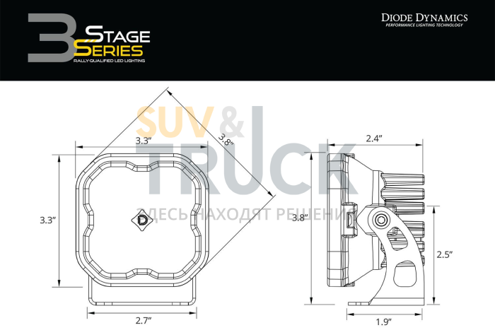Противотуманная LED-фара SS3 MAX свет SAE/DOT с янтарной подсветкой